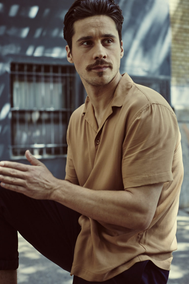 MONROWE Magazine, Peter Gadiot, Photographer: Stefano Ortega. Tan Silk Shirt by Topshop Navy Cotton Chino Pants by Acne