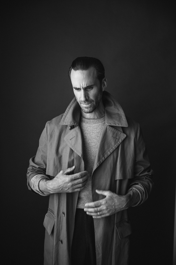 Photo of Actor Joseph Fiennes, from Handmaid's Tale photographed in studio in black and white. Wearing APC, Billy Reid