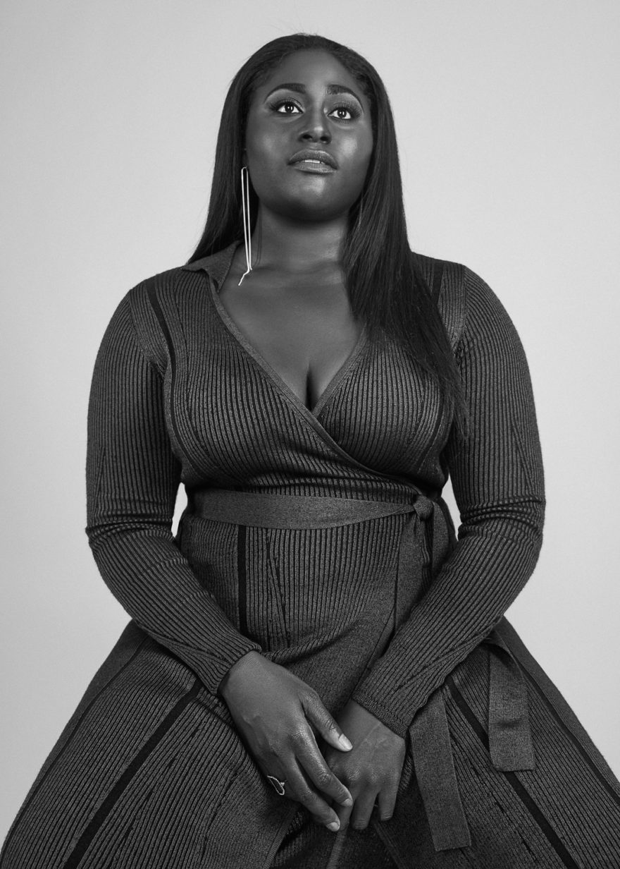 Danielle Brooks wearing a DVF dress for MONROWE Magazine. Black and white photography by Lucas Cristino.