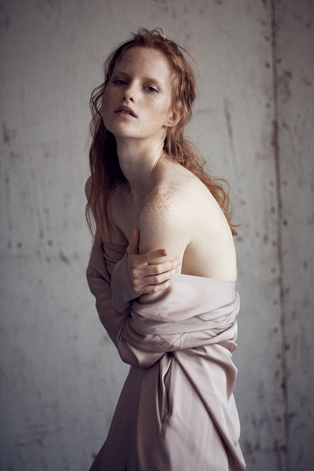 Image of Magdalena Jasek in Nude Satin Dress by Zero + Maria Cornejo. Color photo by Nick Hudson