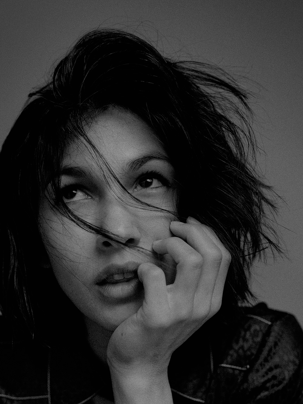 Black and white close up of Elodie Yung for MONROWE Magazine.