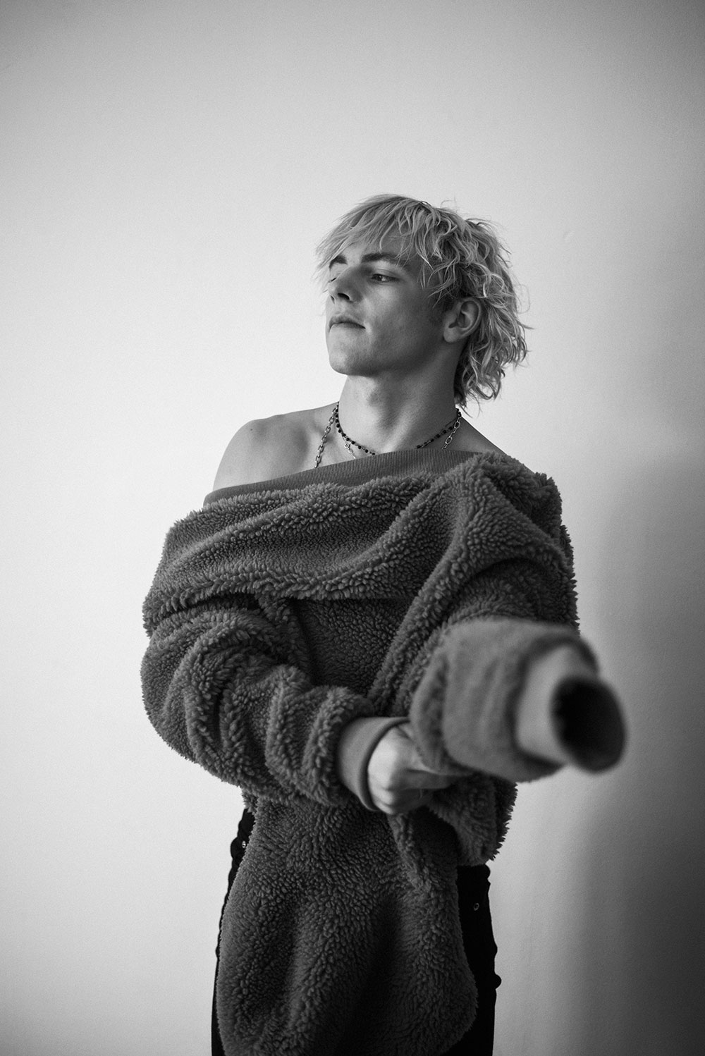 Black and white photo of talent Ross Lynch by Theo Gosselin styled by Sean Knight for MONROWE Magazine